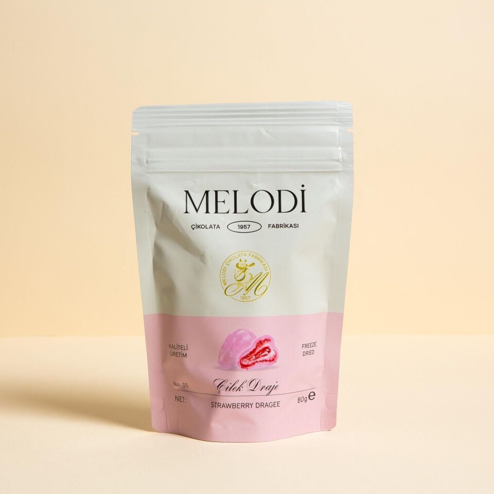 MELODİ Beyaz Çikolata Kaplı Kurutulmuş Çilek Draje (Pembe) 80g
